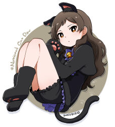 1girl animal_ear_fluff animal_ears animal_hands bell black_shirt black_shoes black_shorts bow bowtie bright_pupils brown_eyes brown_hair cat_ears cat_tail circle curled_up dated english_text expressionless eyelashes frilled_shorts frills gloves hashtag idolmaster idolmaster_million_live! idolmaster_million_live!_theater_days international_cat_day kitazawa_shiho long_hair long_sleeves looking_at_viewer nagian neck_bell no_sclera paw_gloves paw_print paw_shoes purple_bow purple_bowtie purple_trim shadow shirt shoes shorts solo swept_bangs tail three_sisters_cafe_(idolmaster) wavy_hair white_background white_pupils