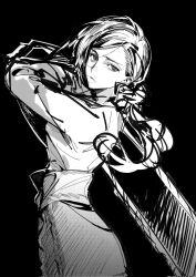 1girl black_background chainsaw closed_mouth eyelashes greyscale highres holding holding_chainsaw kyokugen_dasshutsu long_hair monochrome kurashiki_akane simple_background solo xxy11122 zero_escape:_toki_no_dilemma