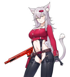 1girl :3 absurdres animal_ears bandeau belt_pouch black_gloves breasts cat_ears cat_girl cat_tail chaps chest_strap cleavage clothing_cutout cropped_jacket fang gloves goddess_of_victory:_nikke grey_hair hair_ornament hairclip highres jacket large_breasts long_hair messy_hair navel navel_cutout ogirin3948 pouch red_bandeau red_jacket scar scar_on_stomach solo stomach_cutout tail weapon yellow_eyes yulha_(nikke)