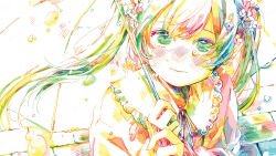 1girl blush brick_road closed_mouth flower hair_flower hair_ornament hatching_(texture) hatsune_miku highres holding holding_umbrella long_hair looking_at_viewer melt_(vocaloid) outdoors signature solo tears twintails umbrella upper_body vocaloid watanabe_tomari
