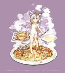 1girl brown_eyes dumpling food fried_rice highres horns in_food konno_takashi_(frontier_pub) mini_person minigirl one-piece_swimsuit original oversized_object school_swimsuit short_hair silver_hair spoon swimsuit white_one-piece_swimsuit white_school_swimsuit