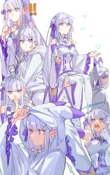 Rule 34 | !, !!, 1girl, :&lt;, animal hood, blue pupils, braid, breasts, bubble, clenched hands, cloak, closed mouth, crown braid, detached sleeves, dress, elf, emilia (re:zero), flower, grey hair, hair flower, hair ornament, hair ribbon, hand on own chin, hands up, hashtag-only commentary, highres, hood, hood up, hooded cloak, invisible chair, kurattes, long hair, looking at viewer, medium breasts, multiple views, on head, open mouth, pointy ears, puck (re:zero), purple eyes, purple ribbon, re:zero kara hajimeru isekai seikatsu, ribbon, rose, sitting, sleeveless, sleeveless dress, smile, thighhighs, thinking, very long hair, white dress, white flower, white rose, white sleeves, white thighhighs, wide sleeves, x hair ornament