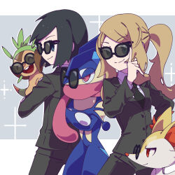 1boy 1girl ^_^ adjusting_eyewear alternate_costume animal_ear_fluff back-to-back black-framed_eyewear black_hair black_necktie black_pants black_suit blue_eyes braixen calem_(pokemon) chespin closed_eyes collared_shirt commentary_request cowboy_shot crossed_arms finger_on_eyewear formal_clothes gen_6_pokemon greninja grey_background highres letterboxed light_brown_hair long_hair long_tongue necktie nintendo omochi_(omotimotittona3) open_mouth outside_border pants pokemon pokemon_(creature) pokemon_on_arm pokemon_xy ponytail red_eyes serena_(pokemon) shirt short_hair sidelocks smile starter_pokemon_trio suit sunglasses tongue tongue_out white_shirt
