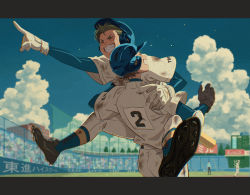 2boys ace_of_diamond baseball_helmet baseball_jersey baseball_uniform black_gloves blue_headwear blurry blurry_background brown_hair cleats closed_eyes cloud crowd dangomochi2 day dirty dirty_clothes gloves green_hair grin helmet highres jersey kuramochi_youichi miyuki_kazuya multiple_boys outdoors pants pointing shirt short_hair smile sportswear white_gloves white_pants white_shirt