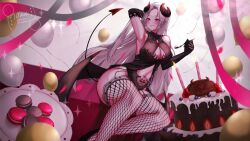 10rui 1girl armpits balloon black_dress black_gloves black_horns black_shoes black_wings blush breasts cake candle cleavage closed_mouth commission confetti demon_girl demon_horns demon_tail dress elbow_gloves fishnet_thighhighs fishnets food fork fruit gloves grey_hair happy_birthday highres holding holding_fork horns indie_virtual_youtuber linea_alba long_hair low_wings macaron mistress_lenore_(vtuber) navel pointy_ears red_eyes shoes sleeveless sleeveless_dress solo stomach_tattoo strawberry tail tattoo thighhighs twitter_username vgen_commission virtual_youtuber wings
