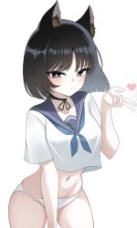 1girl absurdres animal_ear_fluff animal_ears black_choker black_hair blowing_kiss blue_archive blue_neckerchief blue_sailor_collar blush breasts cat_ears choker closed_mouth collarbone commentary_request fronut_(mylittlebear) gradient_background grey_background grey_eyes highres kikyou_(blue_archive) looking_at_viewer medium_breasts navel neckerchief no_pants panties sailor_collar shirt short_hair solo sweat underwear white_background white_panties white_shirt