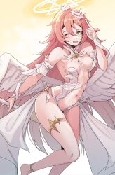1girl angel_wings animal animal_on_head bare_shoulders bird bird_on_head breasts collarbone counter:side green_eyes halo heart highres knees long_hair low_wings medium_breasts navel official_alternate_costume on_head one_eye_closed pink_hair ribs singwee wings yuna_springfield