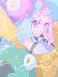 1girl artist_name bare_shoulders bellibolt blue_hair bow-shaped_hair closed_mouth coat electricity female_focus flat_chest forehead green_eyes grey_shirt grin hair_ornament happy highres iono_(pokemon) lemonade_kokoi long_hair looking_at_viewer multicolored_eyes multicolored_hair nintendo off-shoulder_coat off_shoulder outline pink_hair pokemon pokemon_(creature) pokemon_sv purple_eyes sharp_teeth shirt sidelocks signature sleeveless sleeveless_shirt smile star-shaped_pupils star_(symbol) symbol-shaped_pupils teeth twitter_username two-tone_hair v-shaped_eyebrows yellow_coat yellow_eyes