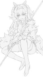 1girl absurdres boots breasts commentary fur_trim gauntlets hairband headgear high_heel_boots high_heels highres holding holding_polearm holding_weapon large_breasts light_blush long_hair looking_at_viewer lupa_(wuthering_waves) mikazon polearm sitting sketch smile solo spear tail thigh_boots weapon wolf_tail wuthering_waves