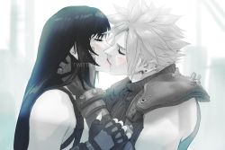 1boy 1girl armor bare_shoulders black_hair blush closed_eyes cloud_strife couple earrings final_fantasy final_fantasy_vii final_fantasy_vii_remake fingerless_gloves gloves hand_on_another&#039;s_arm hands_on_another&#039;s_face hetero highres jewelry kiss long_hair red_lips shoulder_armor sleeveless sleeveless_turtleneck spiked_hair spykeee square_enix suspenders tank_top tifa_lockhart turtleneck twitter_username upper_body watermark