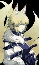 Rule 34 | 1girl, animal ears, blonde hair, blue tabard, dress, fox ears, fox tail, highres, koumajou densetsu, koumajou densetsu 2, multiple tails, onionmay, short hair, tabard, tail, touhou, white dress, yakumo ran, yellow eyes