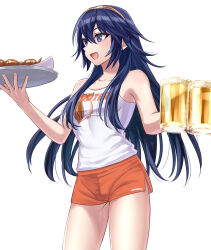 Rule 34 | 1girl, :d, bare shoulders, beer mug, blue eyes, blue hair, brand of the exalt, chicken (food), cowboy shot, cup, fire emblem, fire emblem awakening, food, hair between eyes, highres, holding, holding cup, holding tray, hooters, long hair, lucina (fire emblem), mug, nintendo, no legwear, open mouth, orange shorts, shinae, shirt, short shorts, shorts, sidelocks, sleeveless, sleeveless shirt, smile, solo, symbol in eye, tiara, tray, white background, white shirt