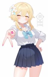 1girl :t absurdres alternate_costume blonde_hair blue_skirt blush breasts cleavage closed_mouth collarbone collared_shirt commentary_request contrapposto dress_shirt fingernails flower fuminshou_(nekopan_art) genshin_impact gyaru_v hair_between_eyes hair_flower hair_ornament hand_on_own_hip high-waist_skirt highres long_fingernails looking_at_viewer lumine_(genshin_impact) nail_polish outstretched_arm partially_unbuttoned pink_nails pleated_skirt shirt shirt_tucked_in short_hair_with_long_locks simple_background skirt solo v watermark white_background white_flower white_shirt yellow_eyes