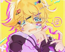 1boy 25-ji_len alternate_costume bandaid bandaid_on_face black_hoodie black_nails blonde_hair blue_eyes crying drop_shadow eyes_visible_through_hair film_grain hair_between_eyes hair_ornament hairclip heart heart_hair_ornament heart_hands heart_on_cheek highres hood hoodie kagamine_len looking_at_viewer male_focus mattari_haruto medium_hair messy_hair open_mouth pink_nails portrait project_sekai shirt solo spoken_sweatdrop sweatdrop tears too_many_hair_ornaments vocaloid white_hood white_sleeves x_hair_ornament yellow_background
