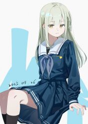 Rule 34 | 1girl, absurdres, bang dream!, bang dream! it&#039;s mygo!!!!!, black socks, blue shirt, blue skirt, commentary, dated, green hair, grey neckerchief, hair ornament, hairclip, highres, kneehighs, lkria04, long hair, long sleeves, neckerchief, open mouth, pleated skirt, school uniform, shirt, sidelocks, skirt, socks, solo, tsukinomori school uniform, wakaba mutsumi, yellow eyes