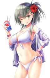 10s 1girl ;q alternate_costume armpits bare_shoulders bead_bracelet beads bikini blush bracelet breasts cameltoe cleavage cowboy_shot female_focus flower food front-tie_bikini_top front-tie_top green_eyes green_hair hair_flower hair_ornament hand_on_own_hip hibiscus highres jewelry kantai_collection large_breasts licking_lips long_hair long_sleeves looking_at_viewer matching_hair/eyes navel necklace one_eye_closed open_clothes shaved_ice shirt side-tie_bikini_bottom simple_background smile solo suien suzuya_(kancolle) swimsuit tongue tongue_out white_background white_bikini