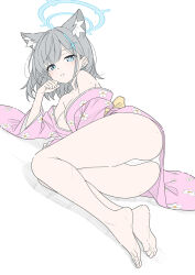 1girl alternate_costume animal_ear_fluff animal_ears ass barefoot blue_archive blue_eyes blue_halo breasts cross_hair_ornament floral_print grey_hair hair_ornament halo highres japanese_clothes kimono large_breasts mismatched_pupils panties parted_lips pink_kimono shiroko_(blue_archive) short_hair simple_background solo t1kosewad underwear white_background white_panties wolf_ears wolf_girl