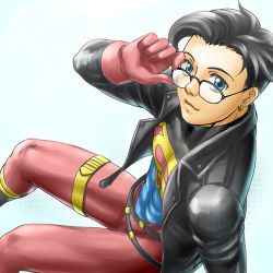 1boy abs astraea_f belt black_hair blue_eyes bodysuit dc_comics earrings glasses gloves jacket jewelry kon-el kryptonian leather leather_jacket lowres male_focus pixiv_sample s_shield sitting solo superboy superhero_costume superman_(series)