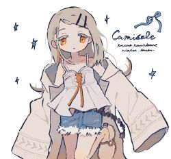 1girl blonde_hair blue_ribbon blue_shorts camisole coat colored_eyelashes denim denim_shorts earrings english_text flipped_hair gakuen_idolmaster gooooskap hair_ornament hairclip highres idolmaster jewelry long_hair looking_at_viewer off_shoulder open_clothes open_coat parallel_hairclips ribbon romaji_text shinosawa_hiro short_shorts shorts simple_background solo standing standing_on_one_leg star_(symbol) stud_earrings white_background white_camisole white_coat