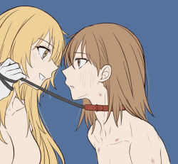 2girls bdsm blonde_hair blue_background blush breasts brown_eyes brown_hair collar collarbone expressionless eye_contact eyebrows_hidden_by_hair eyes_visible_through_hair face-to-face femdom gloves grin hair_between_eyes hickey holding holding_leash large_breasts leash leash_pull long_hair looking_at_another matching_hair/eyes misaka_mikoto multiple_girls neck nude parted_lips red_collar shokuhou_misaki short_hair simple_background slave smile toaru_kagaku_no_mental_out toaru_kagaku_no_railgun toaru_majutsu_no_index white_gloves yakult1124 yellow_eyes yuri
