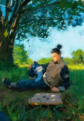Rule 34 | 1boy, black hair, blue sky, brown vest, day, fuyumurasaki, grass, highres, konohagakure shinobi uniform, lying, male focus, nara shikamaru, naruto (series), nature, on grass, on side, outdoors, painterly, pants, plant, ponytail, shoes, sky, solo, tree, vest