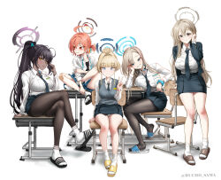 5girls absurdres akane_(blue_archive) alternate_costume asuna_(blue_archive) black_hair black_necktie black_pantyhose blonde_hair blue_archive blush breasts brown_hair bucho_sama cleaning_&amp;_clearing_(blue_archive) collage commentary_request crossed_legs desk full_body grey_sweater_vest hair_bun halo hand_on_own_face head_rest highres karin_(blue_archive) large_breasts long_hair looking_at_viewer looking_to_the_side mixed-language_commentary multiple_girls necktie neru_(blue_archive) on_chair on_desk one_side_up pantyhose ponytail school_desk school_uniform scrunchie shirt simple_background single_hair_bun sitting smile straight_hair sweater_vest toki_(blue_archive) twitter_username v very_long_hair white_background white_shirt wrist_scrunchie