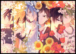6+boys backpack bag bags_under_eyes black_hair blonde_hair blue_hair brown_eyes brown_hair camellia cherry_blossoms coat flower fur-trimmed_coat fur_trim green_hair green_necktie highres japanese_clothes kimono lawless_(servamp) licht_jekylland_todoroki male_focus multicolored_hair multiple_boys natsunosunflower necktie purple_eyes red-framed_eyewear red_eyes red_necktie servamp shirota_mahiru short_hair sleepy_ash sunflower sunglasses tsubaki_(servamp) two-tone_hair watanuki_sakuya white_hair yukata