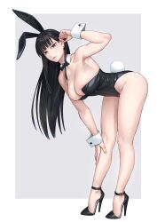1girl animal_ears bare_legs bare_shoulders black_bow black_bowtie black_hair black_leotard bow bowtie breasts detached_collar fake_animal_ears fake_tail full_body grey_background high_heels highleg highleg_leotard highres large_breasts leotard looking_at_viewer mole mole_under_eye original playboy_bunny rabbit_ears rabbit_tail simple_background solo standing strapless strapless_leotard tail thighs wrist_cuffs yuuji_(and)