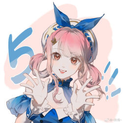 1girl bare_shoulders beret blue_bow blue_bowtie blue_brooch blue_choker blue_dress blue_sleeves blue_wrist_cuffs blunt_bangs border bow bow_choker bowtie brown_eyes bubbly_voyage_(infinity_nikki) buttons chinese_commentary choker collared_dress commentary_request detached_sleeves dress eyelashes frilled_sleeves frilled_wrist_cuffs frills hair_bow hair_intakes hair_ornament hair_rings hairclip hands_up happy hat hat_ornament infinity_nikki jingxiu_xiu light_blush lipstick long_hair looking_at_viewer makeup nikki_(nikki) nikki_(series) open_mouth outside_border palms pink_background red_lips short_sleeves sidelocks smile solo star_(symbol) star_hat_ornament strapless strapless_dress teeth upper_body watermark weibo_watermark white_border white_hat wrist_cuffs