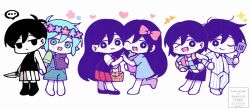 Rule 34 | &gt; o, +++, ..., 2girls, 4boys, antenna hair, aubrey (headspace) (omori), aubrey (omori), ball, barefoot, basil (headspace) (omori), basil (omori), black eyes, black hair, black socks, black tank top, blue overalls, blue shirt, blush, book, bow, bright pupils, chibi, chibi only, closed mouth, collared shirt, colored skin, double-parted bangs, expressionless, flower, green eyes, green hair, green shirt, hair bow, head wreath, heart, hero (headspace) (omori), hero (omori), holding, holding ball, holding book, holding hands, holding knife, holding picnic basket, holding spatula, holding stuffed toy, kel (headspace) (omori), kel (omori), kiimorisame, kneehighs, knife, long hair, long shirt, looking at viewer, mari (headspace) (omori), mari (omori), mr. plantegg (omori), multiple boys, multiple girls, neckerchief, omori, omori (omori), one eye closed, open mouth, overall shorts, overalls, pajamas, picnic basket, pink bow, pleated skirt, purple eyes, purple hair, purple shoes, purple shorts, purple sweater vest, red neckerchief, red skirt, shirt, shoes, short hair, short sleeves, shorts, simple background, skirt, smile, socks, spatula, speech bubble, spoken ellipsis, striped clothes, striped shorts, stuffed eggplant, stuffed toy, sweater vest, t-shirt, tank top, vertical-striped clothes, vertical-striped shorts, watermark, white background, white pupils, white shirt, white shorts, white skin