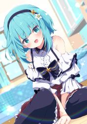 Rule 34 | 1girl, :d, absurdres, aqua eyes, aqua hair, bare shoulders, between legs, black bow, black bowtie, black hairband, black pantyhose, blue eyes, blue hair, blunt bangs, blurry, blurry background, blush, bow, bowtie, breasts, brown skirt, center frills, clothing cutout, commission, detached sleeves, dot nose, dutch angle, fang, flower, frilled shirt, frilled skirt, frills, hair flower, hair ornament, hairband, hand between legs, headband, highres, indoors, looking at viewer, medium hair, on floor, open mouth, original, pantyhose, red skirt, shiro9jira, shirt, short hair, shoulder cutout, sidelocks, sitting, skeb commission, skin fang, skirt, sleeveless, sleeveless shirt, smile, solo, suspender skirt, suspenders, white flower, white shirt, window