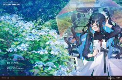 1girl black-framed_eyewear black_hair black_ribbon blue_hair colored_inner_hair dress fate/grand_order fate_(series) floral_background grey_eyes hair_ornament high_ponytail highres holding holding_umbrella multicolored_hair ponytail ribbon saitou_hiroki smile solo tenochtitlan_(fate) two-tone_hair umbrella wavy_hair white_dress
