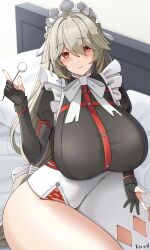 1girl alexandrina_sebastiane bed bed_sheet black_shirt blush breasts brown_hair commentary english_commentary gradient_hair grey_hair hair_between_eyes highres huge_breasts keenh long_hair long_sleeves looking_at_viewer maid_headdress mimikaki multicolored_hair on_bed pillow red_eyes shirt sitting skirt smile solo thick_thighs thighs two-tone_hair very_long_hair white_skirt zenless_zone_zero