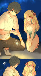 1boy 1girl ? azumi_(myameco) black_hair black_pants blonde_hair blue_eyes breasts ereshkigal_(fate) fate/grand_order fate_(series) fujimaru_ritsuka_(male) holding holding_fireworks long_hair looking_at_another medium_breasts one-piece_swimsuit pants short_hair sitting smile space_ereshkigal_(fate) space_ereshkigal_(first_ascension)_(fate) squatting swimsuit thighs