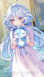 1girl :o ahoge blue_bow blue_eyes blue_hair blue_pupils blush bow commentary_request dress drop-shaped_pupils furina_(genshin_impact) genshin_impact hair_between_eyes hair_bow heterochromia highres holding kashiba_aira long_hair long_sleeves looking_at_viewer multicolored_hair open_mouth signature solo streaked_hair surintendante_chevalmarin symbol-shaped_pupils twitter_username very_long_hair white_dress white_hair