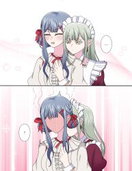 ! ... 2girls absurdres bang_dream! bang_dream!_it&#039;s_mygo!!!!! blue_hair blush closed_eyes closed_mouth commentary dress english_commentary full-face_blush green_hair hair_ornament hair_ribbon hairclip head_steam highres kiss kissing_neck long_hair maid_headdress mtskmortis multiple_girls parted_lips red_dress red_ribbon ribbon shirt spoken_ellipsis spoken_exclamation_mark togawa_sakiko wakaba_mutsumi white_headdress white_shirt yellow_eyes yuri