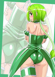 1girl antenna_hair arm_garter ass asu_(hengaya) back bare_shoulders blush choker cowboy_shot embarrassed female_focus frilled_thigh_strap green_choker green_eyes green_hair green_leotard highres leotard long_hair looking_back low_ponytail magical_girl mew_lettuce midorikawa_lettuce open_mouth outline outside_border ponytail raised_eyebrows solo standing thigh_strap tokyo_mew_mew white_background