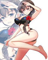 1girl armpits bikini black_bikini black_ribbon blush braid breasts brown_eyes brown_hair collarbone covering_face flower full_body girls_und_panzer girls_und_panzer_senshadou_daisakusen! hair_flower hair_ornament hair_ribbon hand_on_own_knee highres kumaisao large_breasts long_braid long_hair navel o-ring o-ring_bikini o-ring_bottom official_alternate_costume red_flower ribbon rukuriri_(girls_und_panzer) single_braid smile swimsuit teeth