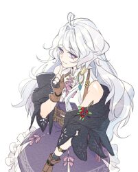 1girl ahoge bare_shoulders breasts fingerless_gloves gloves grey_hair long_hair looking_at_viewer mabinogi purple_eyes rian_(bdl) rowan_(mabinogi) sleeveless small_breasts