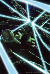 absurdres artist_request asteroid battle beam_cannon debris energy energy_beam energy_gun firing funnels_(gundam) glowing gundam gundam_perfect_file gundam_unicorn highres kshatriya machinery mecha mecha_focus nebula neo_zeon no_humans realistic robot science_fiction solo space star_(sky) translation_request weapon zero_gravity