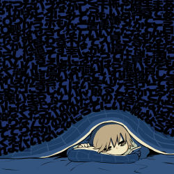 Rule 34 | 1other, absurdres, avogado6, blanket, blue background, cellphone, cheek press, commentary request, highres, holding, holding phone, looking at phone, lying, no mouth, on bed, on stomach, original, other focus, phone, pillow, short hair, smartphone, solo, symbolism, text focus, under covers