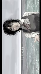 Rule 34 | 1girl, black hair, copyright name, eri (sayonara eri), grey eyes, highres, kuno (9 1 kuno ichi), long sleeves, looking at viewer, messy hair, neck ribbon, ocean, outdoors, ribbon, sayonara eri, school uniform, shirt, sky, smile, solo, white shirt