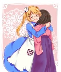2girls :d apron axis_powers_hetalia black_hair blonde_hair blue_dress blush breasts cleavage dress female_focus genderswap genderswap_(mtf) hair_ornament hairclip hat hug japan_(hetalia) japanese_clothes kimono long_hair long_sleeves medium_breasts mini_hat multiple_girls nurse_cap open_mouth rio smile twintails united_kingdom_(hetalia)