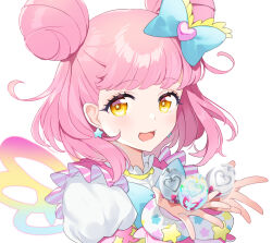 1girl :3 :d bad_id bad_twitter_id bow commentary_request double_bun earrings egg hair_bow hair_bun hands_up holding holding_egg idol_clothes inactive_account jewelry kiracchu_(pri_chan) kiratto_pri_chan looking_at_viewer nabeshima_(pon_nbsm) open_mouth pink_hair pretty_series puffy_short_sleeves puffy_sleeves short_sleeves smile solo star_(symbol) star_earrings wings yellow_eyes