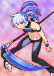 Rule 34 | 1girl, eternal arcadia, multicolored hair, navel, onnaski, piastol, scar, scar on face, scythe, sega, two-tone hair