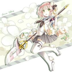 1girl armband artist_request blush check_artist flower flower_ornament grey_skirt hair_flower hair_ornament himekawa_koyuki magical_girl mahou_shoujo_ikusei_keikaku minisons_(pixiv_19424337) open_mouth polearm school_uniform short_hair skirt snow_white_(mahoiku) spear thighhighs weapon yellow_eyes