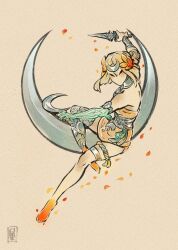 ancient_greek_clothes asymmetrical_arms blonde_hair bone cidate dress full_body glowing_arm greco-roman_clothes green_arm hades_(series) hades_2 highres holding_sickle laurel_crown melinoe_(hades) moon ookami_(game) orange_dress parody see-through_body sickle skeletal_arm