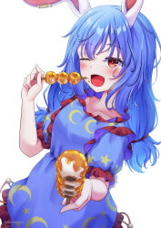 1girl animal_ears blue_dress blue_hair blush breasts commentary_request crescent_print dango dress earclip floppy_ears food food_on_face highres holding holding_food holding_skewer long_hair looking_at_viewer mitarashi_dango mizunisabano open_mouth rabbit_ears rabbit_girl rabbit_tail red_eyes seiran_(touhou) short_sleeves simple_background skewer smile solo star_(symbol) star_print tail touhou wagashi white_background