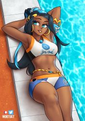 1girl aqua_eyes armband armlet armpits belly_chain bike_shorts bikini black_hair blue_hair breasts brown_lips commentary dark-skinned_female dark_skin earrings english_commentary gloves hair_bun highres hoop_earrings jewelry long_hair lying medium_breasts multicolored_hair navel necklace nessa_(pokemon) nintendo nortuet on_back pokemon pokemon_swsh pool poolside single_glove single_hair_bun solo swimsuit tankini thighs toned two-tone_hair