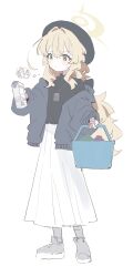 1boy 1girl basket beret black_hat black_sweater blonde_hair blue_archive casual closed_eyes closed_mouth cow crossed_bangs doodle_sensei_(blue_archive) dot_mouth green_eyes grey_jacket hair_between_eyes hair_intakes halo hat highres holding holding_basket holding_milk_carton id_card jacket lanyard light_blush long_hair long_skirt looking_at_object milk_carton open_clothes open_jacket professor_niyaniya_(blue_archive) retri sensei_(blue_archive) shopping_basket side_ahoge sidelocks skirt smug speech_bubble surprised sweater thought_bubble u_u uwu white_skirt yellow_halo